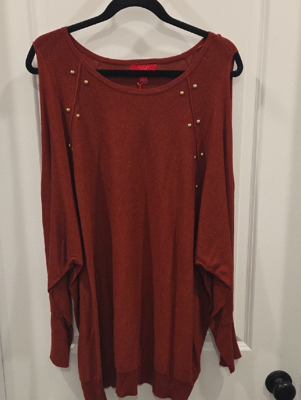 JLo Cold Shoulder Stud-Embellished Wine Long Sleeve Women's Top